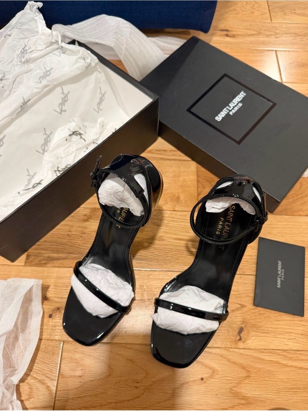 Saint Laurent Black Patent Sandal with Gold YSL Logo Heel - Picture 8 of 11